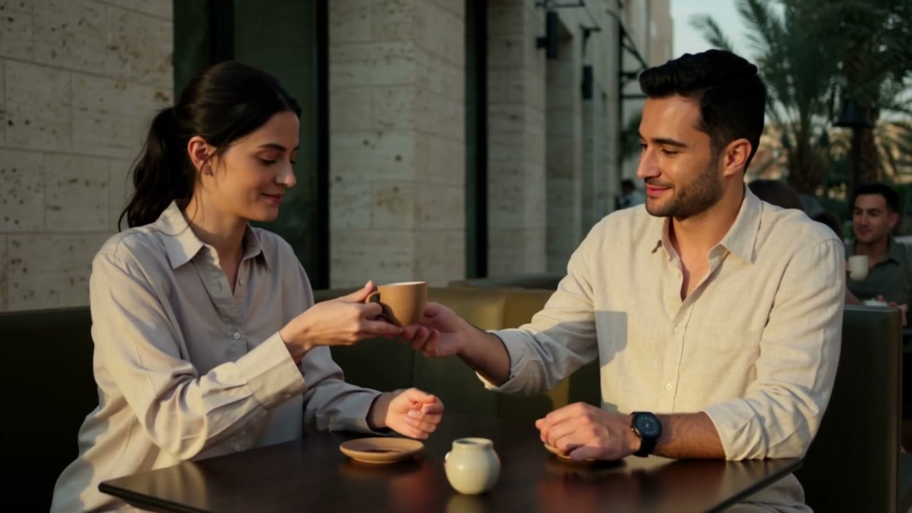 Two adults exchanging a cup and talking at a café table