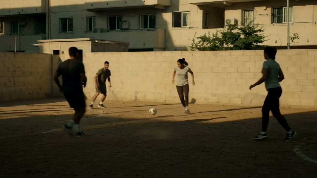Adults running and passing a football