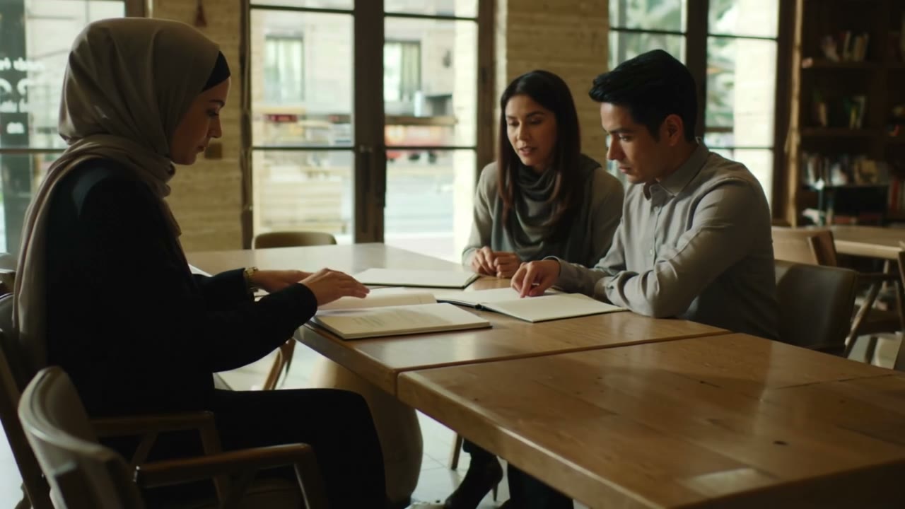 Three adults studying and discussing work around a table